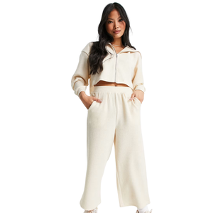 Womens Cropped Full Zip Tracksuit <b>Two</b> <b>Piece</b> Casual <b>Lounge</b> <b>Set</b> Turn Down Collar Wide Leg Relaxed Fit Elastic Waist Activewear Out - Product Image 1
