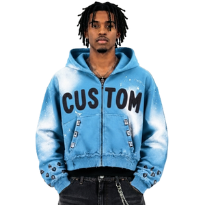 Vente en gros de sweats à capuche pour hommes, rouges, effet vieilli, zippés, en polaire épaisse, avec strass, patch personnalisé, coupe oversize, style streetwear, fournisseur OEM ODM - Product Image 3