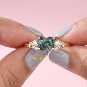Anillo de compromiso de plata de ley 925 con ágata musgosa tallada en forma de corazón, anillo de promesa con racimo de diamantes y ágata musgosa verde para mujer - Product Image 4