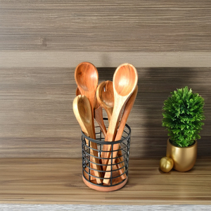 Porte-couverts Porte-ustensiles de cuisine en fer noir avec base en bois d'acacia Support de rangement rond pour couverts pour décor de table à manger - Product Image 6