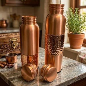4-Piece Pure Copper Water <b>Bottle</b> and Tumbler Gift Set | Hammered Dual-Texture Copper <b>Flask</b> Suite - Product Image 6