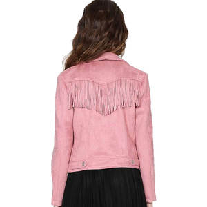 Premium Dusty Rose <b>Suede</b> Women Fringe <b>Leather</b> <b>Jacket</b> Chest Fringe Slim Fit Biker Style Notch Collar Customization Available - Product Image 6
