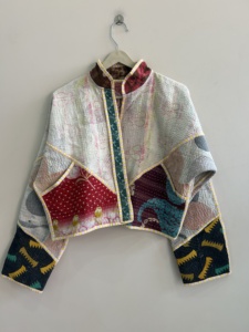 Kantha Vintage Reversible Handmade Spandex/Cotton <b>Jacket</b> with Patchwork Design and Horn Buttons for <b>Women</b> Winter Wear - Product Image 4