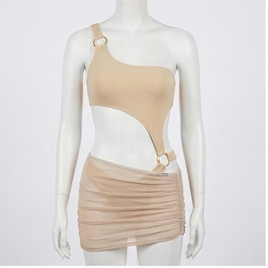 Women One-Shoulder Asymmetric Tankini <b>Set</b> With Ruched <b>Skirt</b> Solid Color Spandex Nylon <b>Bikini</b> Swimwear - Product Image 1