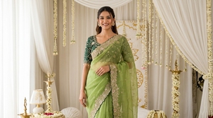 Sari en soie verte AARA Fashion avec broderie dorée, tenue traditionnelle indienne pour mariage, protection solaire toutes saisons pour femmes, longueur au sol - Product Image 2