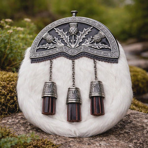Antique Custom Wholesale Thistle White Fur Leather Kilt Sporran with Brown 3 Tassels & <b>Chain</b> <b>Belt</b> OEM ODM - Product Image 1