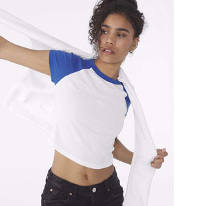 <b>Women's</b> <b>White</b> Blue Raglan Sleeve <b>T</b>-<b>Shirt</b> Crew Neck Slim Fit Casual Jersey Cotton Spring Summer Short Sleeve Top - Product Image 4