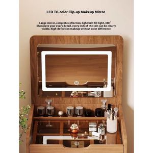 Walnut 3-in-1 Compact Makeup Vanity Desk 48cm Flip Top <b>Mirror</b> with Visible Glass Desktop <b>Small</b> Visible Makeup Vanity Set - Product Image 4