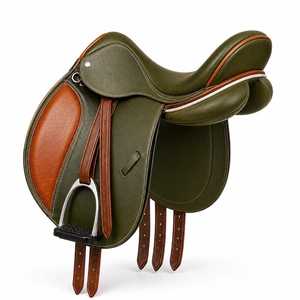Silla de montar inglesa de cuero verde oliva y marrón, hecha a mano, de cuero genuino para equitación. - Product Image 2