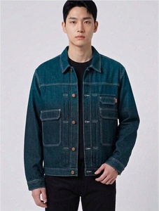 Veste en jean pour homme, style workwear, col rabattu, fermeture boutonnée, couleur unie, coupe classique, tissu tissé 100% coton, automne - Product Image 1