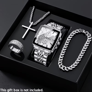 New Men's Fashionable Casual <b>Watch</b> Set, with Bracelet. <b>Ring</b> and Necklace Set, Stainless Steel Men <b>Watch</b> , - Product Image 3