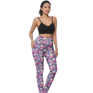 High Waist <b>Floral</b> Print Yoga <b>Leggings</b> With Pockets Full Length Spandex Polyester Four-Way Stretch Elastic Waist - Product Image 3