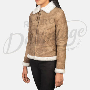 Chaqueta de aviador de cuero genuino desgastado color canela para mujer, con ribete de piel sintética blanca, corte ajustado, piel de oveja premium, abrigo de invierno estilo motero - Product Image 5