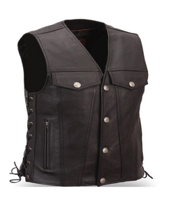2026 Professional <b>Men's</b> Premium Leather Motorcycle Biker <b>Vest</b> Perforated <b>Black</b> Breathable Casual Canvas Front - Product Image 2