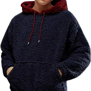Men's Navy Fleece Hoodie Polyester/Cotton French Terry Anti-Wrinkle Winter Casual Hooded with Pocket and Drawstring Design - Product Image 3