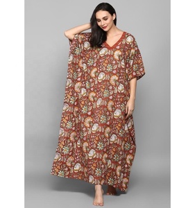 Cute Rust Hand Block Floral Printed <b>Kaftan</b> for Ladies 100% Soft Cotton Woven Eco-friendly V Neckline Half Sleeves Natural - Product Image 1