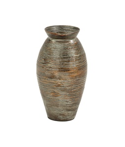 Vase rustique en bronze vieilli à nervures – Centre de table en céramique de style amphore antique avec fines rainures horizontales - Product Image 1