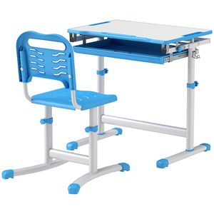 Set di otto bambini blu regolabile scrivania e sedie con cassetto di inclinazione Desktop gancio Slot per penna - Product Image 1