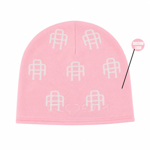 Gorro de Bebé Rosa de Secado Rápido y Transpirable de Cosh International con Patrón Geométrico Blanco, Logotipo Personalizado, Gorro de Punto Acrílico Unisex - Product Image 1