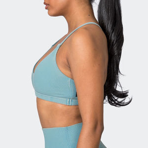 Light <b>Blue</b> Ribbed Sports <b>Bra</b> With Cut-Out Detail And Thin Straps Medium Support Yoga Fitness Top - Product Image 2