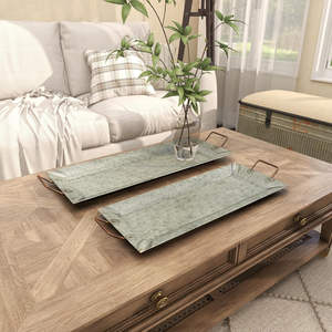 ชุดถาดโลหะทรงสี่เหลี่ยมผืนผ้า 2 ใบ ขนาด 29 นิ้ว 25 นิ้ว สีเทาเคลือบกัลวาไนซ์ พร้อมหูจับลายสวยงาม สำหรับตกแต่งในโอกาสครบรอบ - Product Image 2