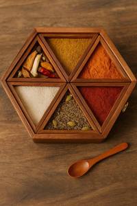 Traditional Wooden Masala Dabba with Geometric Multi Compartment Design Hinged Lid for Organized Spice and Seasoning Storage <b>Box</b> - Product Image 2