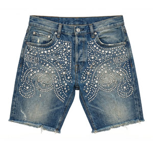 Streetwear Custom Baggy Vintage Wash Straight Leg Distressed Rhinestone <b>Jeans</b> Denim Shorts Jorts for <b>Men</b> - Product Image 1