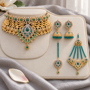 Ensemble de bijoux de mariée vert (collier ras-du-cou, jhumka, tikka, pasa) pour la vente en gros et la fabrication en vrac - Product Image 2