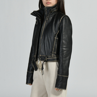 Blouson aviateur en cuir véritable pour femme, col montant, manches longues, ceinture ajustable à la taille, coupe courte, coupe-vent pour l'hiver