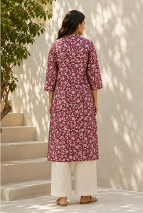 Kurti pour femmes, imprimé floral marron, col en V, manches longues, coupe droite, tunique ethnique longue, décontractée, élégante, confortable, à porter au quotidien - Product Image 2