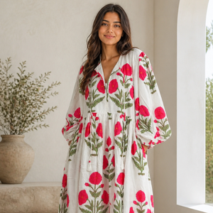 Belle robe en coton à motifs floraux, imprimée à la main, pour un usage décontracté. - Product Image 1