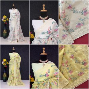 Sari de Seda Amarillo Liso de Boutique India, Satén Banglory, Hermoso Trabajo de Bordado Múltiple, Tradicional para Mujeres, Boda, Fiesta, Novia - Product Image 3