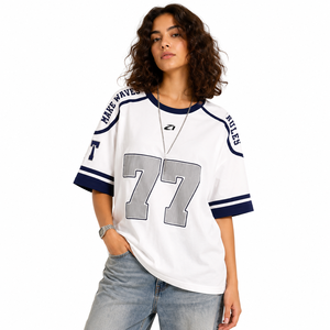 Wholesale Women’s Vintage American Football Jersey T Shirt Custom Oversized Raglan Sleeve Sports <b>Top</b> Private Label Streetwear - Product Image 1