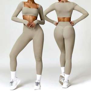 Conjunto Deportivo de Yoga para Mujer, Estilo Urbano, Cuello Cuadrado, Transpirable, Manga Larga, Cintura Elástica, Felpa, para Gimnasio - Product Image 4