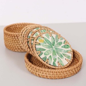 ชุดจานรองแก้วหวายทรงกลมถักมือพร้อมแผ่นรองแก้วและแผ่นรองเครื่องดื่มแบบฝังมุก - Product Image 3