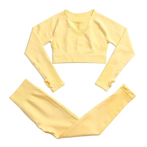 Ensemble de yoga 2 pièces respirant, taille élastique mi-haute, texturé, sans couture, avec soutien-gorge rembourré, grande taille, en Spandex/Nylon, pour le sport - Product Image 5