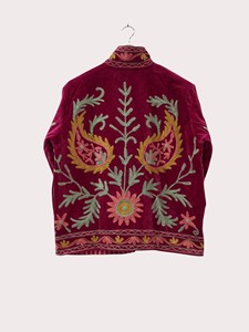 Hand Embroidered Floral <b>Velvet</b> Mandarin Collar Jacket Full Sleeve Plus Size Autumn Women's Regular Length Prairie Chic Style - Product Image 1
