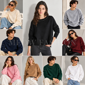 Sweat-shirts à col ras du cou cloutés unisexe, hauts en tricot oversize, couleurs unies, pull tendance pour hommes et femmes, vêtements décontractés, lot en stock - Product Image 1