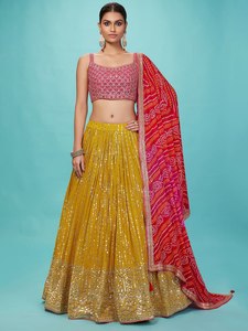 Elegant Floral Embroidered Organza Lehenga Choli with Pink Crop <b>Top</b> and Red Dupatta Empire Waist <b>Sequined</b> A-Line Gown - Product Image 1