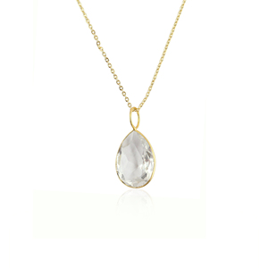Collar con colgante de cuarzo transparente tallado en forma de pera, chapado en oro de 18k sobre latón, con engaste de bisel, para uso diario, regalo, joyería, cadena de collar. - Product Image 2