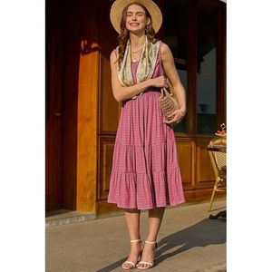 Abito Estivo Casual da Donna a Trapezio Senza Maniche con Smock, Lunghezza Midi, con Rose, Taglia XL Plus, a Balze e con Tasche - Product Image 3