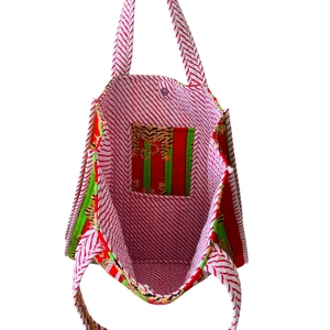 Bohemian Cotton Tote <b>Bag</b> with Floral Pattern Red Green Stripes <b>Foldable</b> Autumn Shopping <b>Bag</b> All Seasons Style - Product Image 2