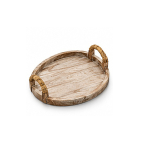 Bandeja Redonda de Madera para Almacenamiento con Asas de Metal Negro, Diseño Minimalista para Mesa, Una Sola Capa, Acabado Barnizado - Product Image 5