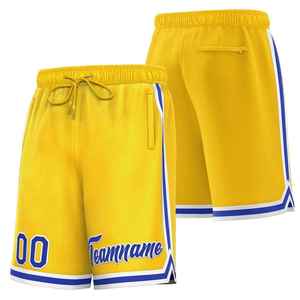 Shorts de basketball personnalisés sublimés, jaunes avec bordure bleue, impression du nom de l'équipe, taille à cordon, tissu en mesh, unisexe, vêtements de sport pour adultes - Product Image 1