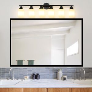 Modern 6-<b>Light</b> 39\" <b>Vanity</b> Bathroom <b>Mirror</b> Frosted White Glass with Black Iron Frame Contemporary Wall Sconce for Bedroom - Product Image 2