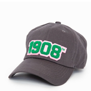 Dark <b>Grey</b> 1908 Embroidered <b>Baseball</b> <b>Cap</b> with Green and Pink Chenille Style Patch Adjustable Strap Back Curved Brim Casual Street - Product Image 1