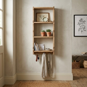 Estante de Exhibición Abierto de 3 Niveles de Madera Maciza para Montar en la Pared, Librería Colgante de Madera con Ganchos Inferiores para Abrigos, Mueble para Entrada y Sala de Estar - Product Image 2