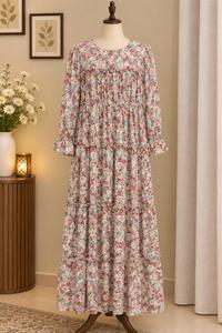 Floral Cotton Wrinkle-Free Floor-Length Maxi Dress Ruffle Tiered Casual <b>Kurti</b> <b>Women</b> Summer Ethnic Style-Georgette Chiffon Stuff - Product Image 3