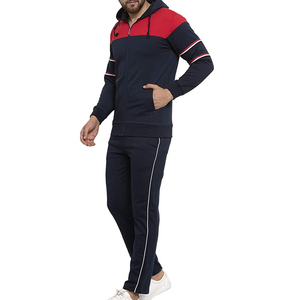 Men's Navy Red Color Block Hooded Tracksuit Full Zip Casual Sweatshirt <b>Pants</b> Set Breathable Polyester Autumn Wear - Product Image 2