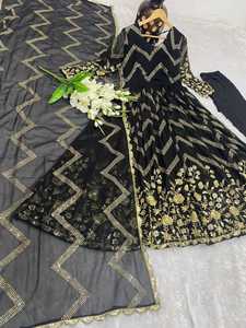 Vestido Anarkali Negro Bordado de Manga Larga con Dupatta, Vestido de Fiesta y Boda para Mujer, Reversible, Sin Arrugas, en Stock 314 - Product Image 4